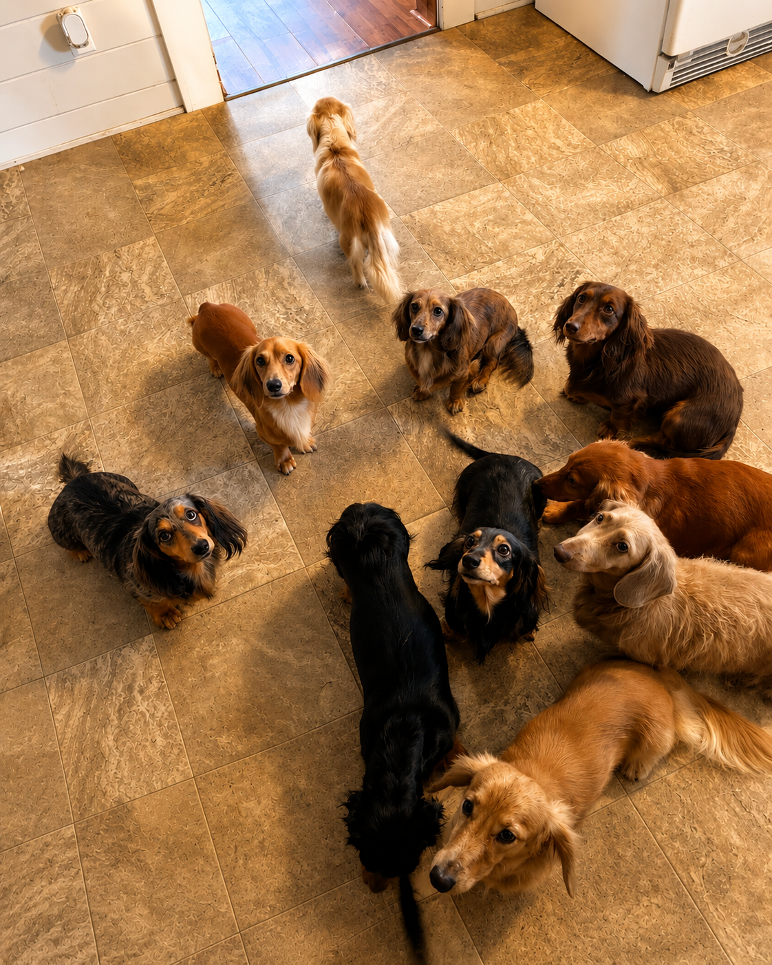 A floor full of long-haired dachshunds looking up at the camera